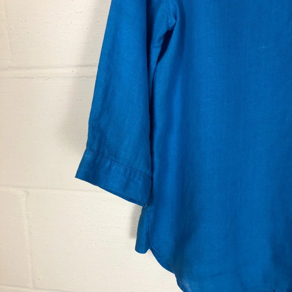 Chico's Womens 100% Linen Button Back‎ Popover Top Size 8 Blue Vacation Resort